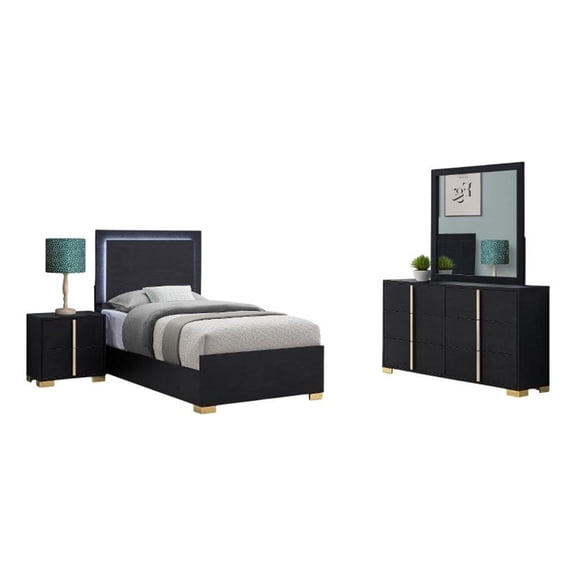 Benjara Dex 4 Piece Twin Bedroom Set- Black/Gold Accents- LED Headboard