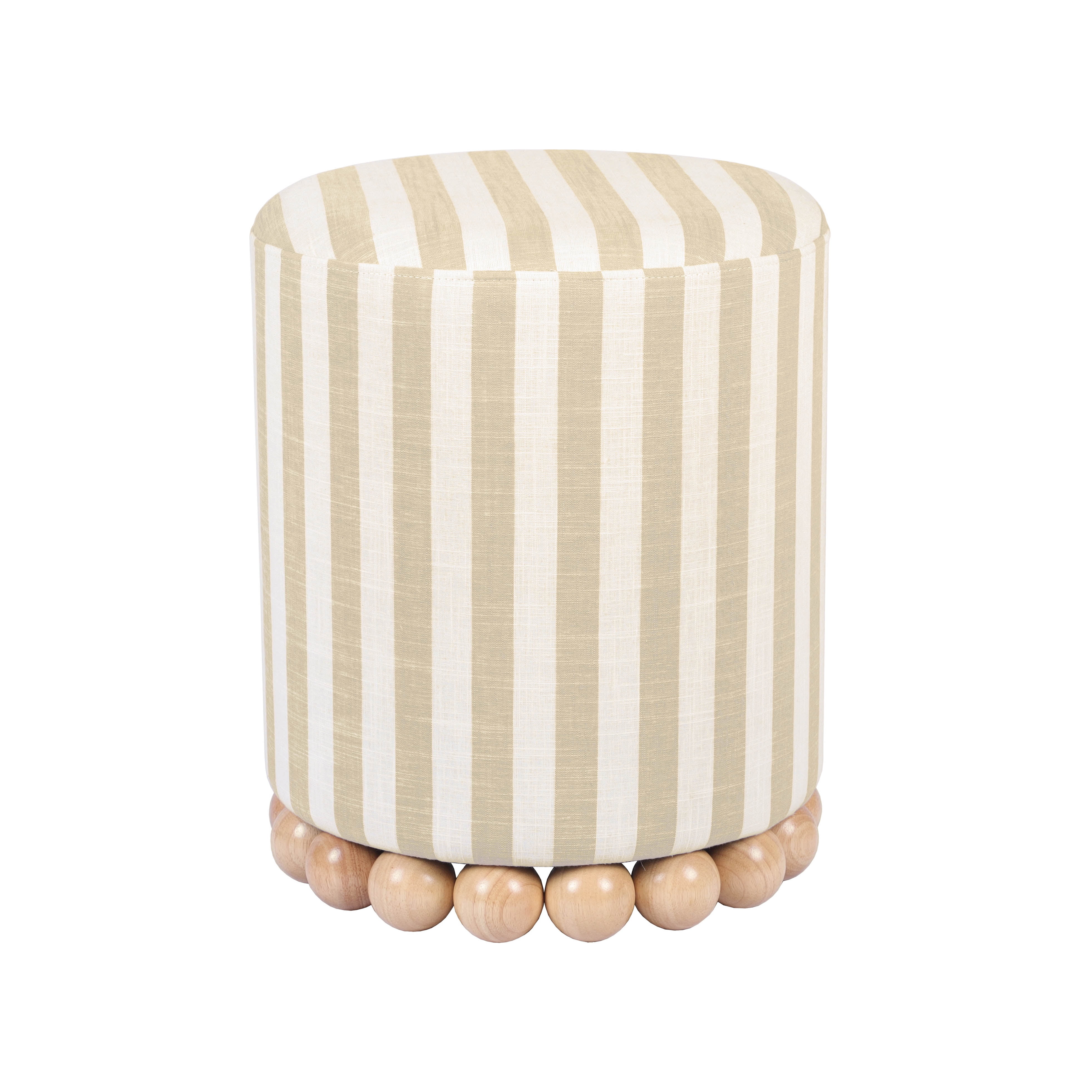 Dex Beige and White Striped Linen Ottoman with Wood Base