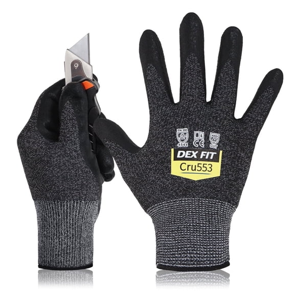 DEX FIT CRU553 BlackGrey Level 5 Cut Resistant Gloves (Power Grip, Durable Foam, X-Small) - 1 Pair