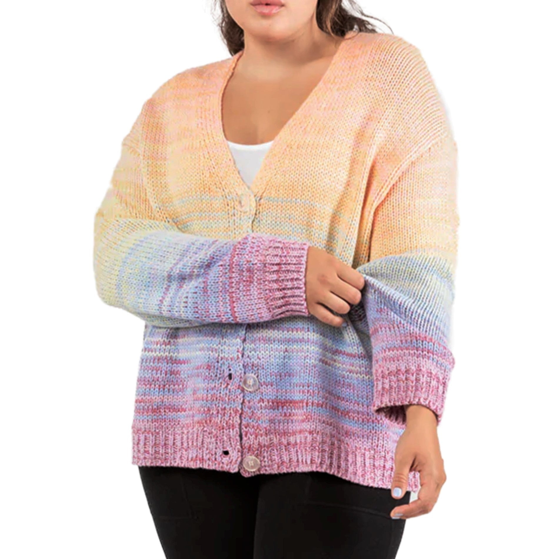 Dex Women's Plus Cozy Knit Rainbow Sweater Front Button