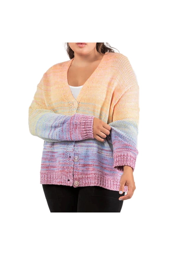 Women's Plus Cozy Knit Rainbow Sweater Front Button Cardigan-Peach / 1X