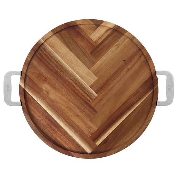 Dexas Acacia Wood Herringbone Charcuterie Board with Stainless Steel Handles – 18" Round Serving Tray, Large Cheese & Meat Board for Entertaining, Decorative Wooden Food Platter