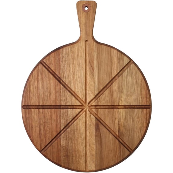 Dexas Acacia Wood Pizza Cutting Board, 14-Inch Round Paddle Board with Built-In Portion Grooves, Food Safe & Reversible