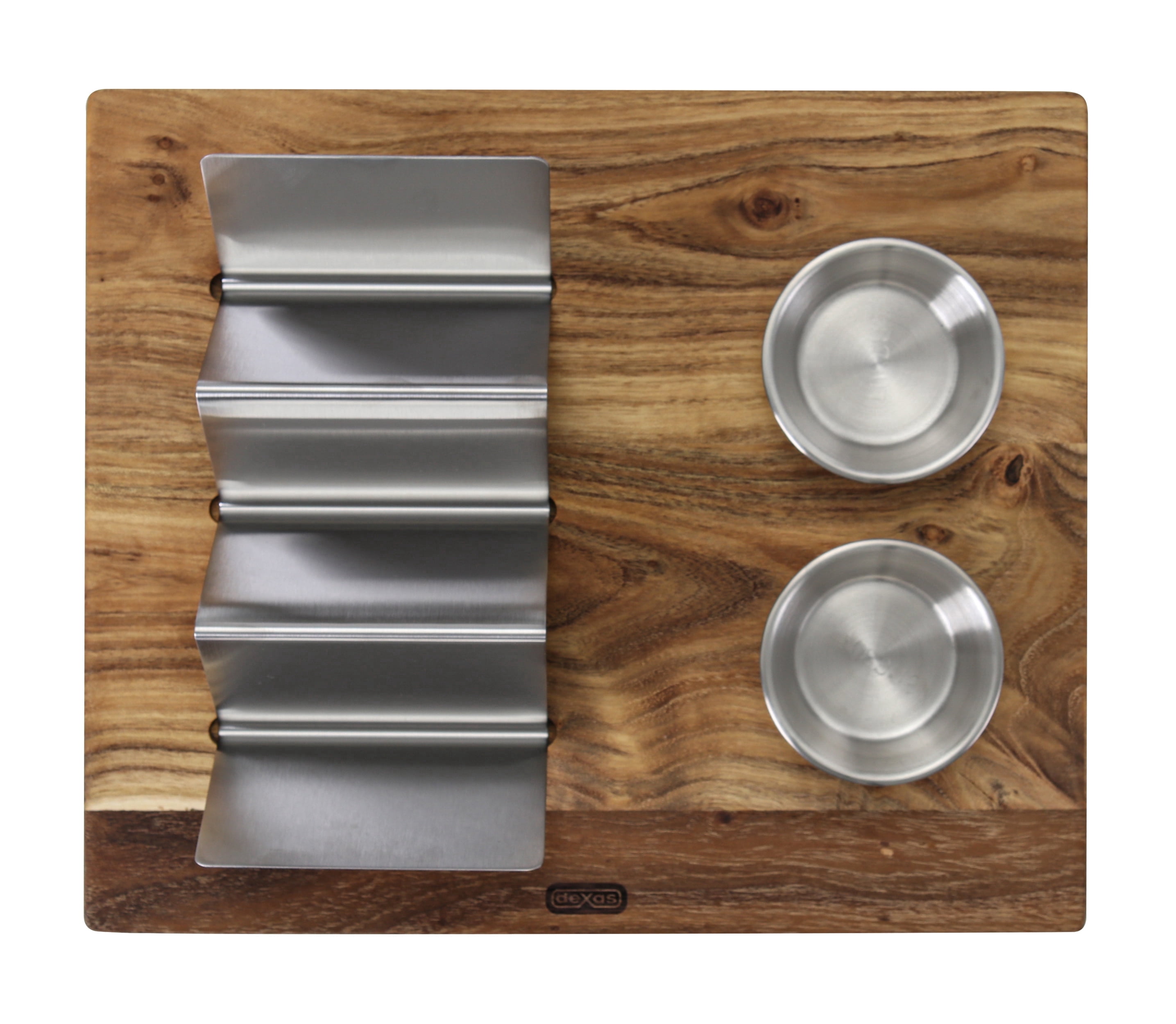 Dexas Acacia Wood Taco Serving Board with Two 2oz Stainless Steel Cups and Taco Holder