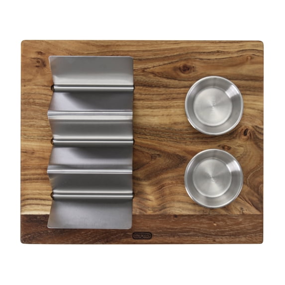 Dexas Acacia Wood Taco Serving Board with Two 2oz Stainless Steel Cups and Taco Holder