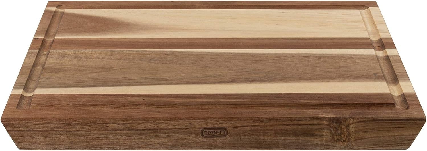 Dexas Forty-Five 12" x 16" x 1" Angled Acacia Wood Kitchen Cutting Board with Juice Well
