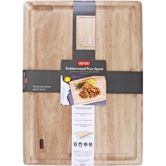 Dexas Rubberwood Pour Spout Cutting Board – 18" x 13" x 1" | Juice Groove, Easy-Pour Corner, Heavy-Duty Wood Board for Carving & Chopping