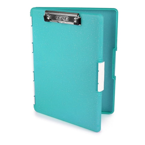 Dexas Slimcase 2 Plastic Clipboard with Storage and Side Opening, Teal Glitter