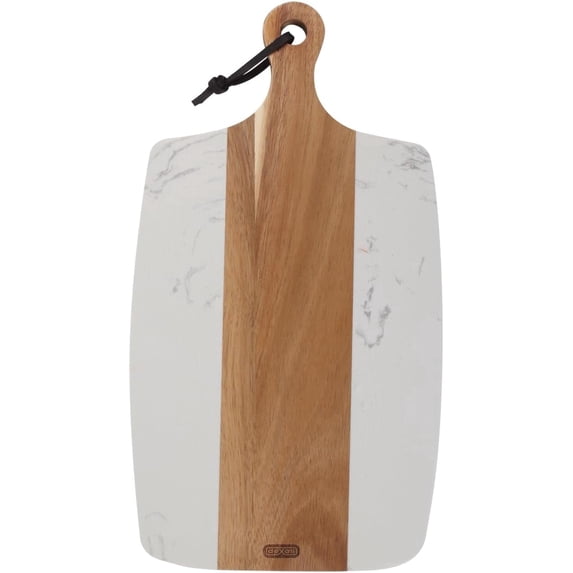 Dexas White Marble and Acacia Wood Charcuterie Board – 15.75 x 8.5 Serving Platter – Cheese, Meat & Appetizer Tray for Entertaining