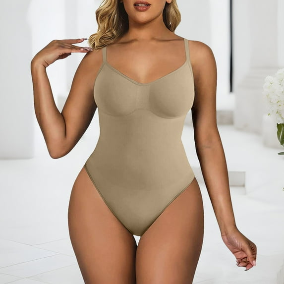 Dexiang Clearance Womens Sexy Tummy Control Bodysuits Plus Size Spaghetti Strap Sleeveless Bodysuit Shapewear Cami Tank Tops with Built in Bra Khaki L