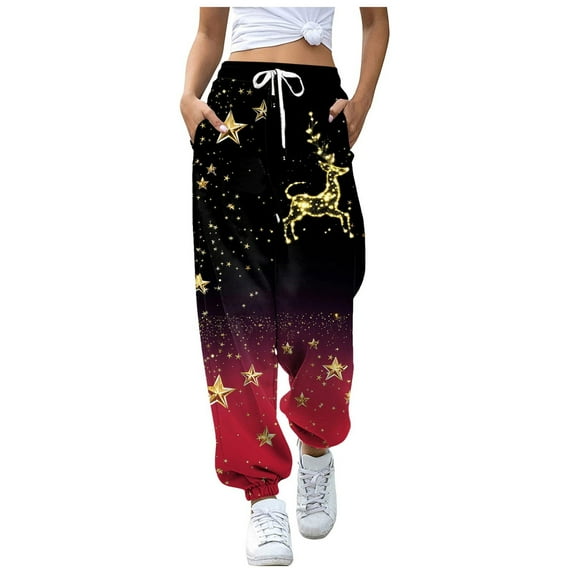 Dexiang Womens Christmas Printed Plus Size Sweatpants,Causal Drawstrings Black Lounge Pants,Comfy Joggers for Women with Pockets Hot Pink2 XL
