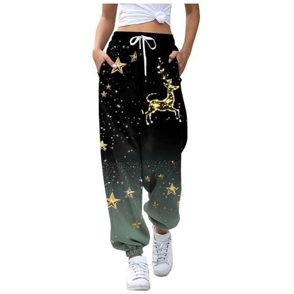 Dexiang Womens Christmas Printed Plus Size Sweatpants,Causal Drawstrings Black Lounge Pants,Comfy Joggers for Women with Pockets Light Green2 XL
