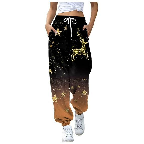 Dexiang Womens Christmas Printed Plus Size Sweatpants,Causal Drawstrings Black Lounge Pants,Comfy Joggers for Women with Pockets Orange2 L