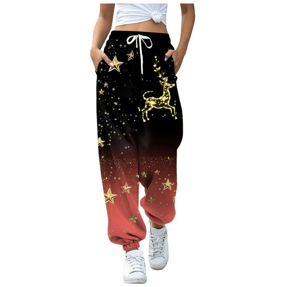 Dexiang Womens Christmas Printed Plus Size Sweatpants,Causal Drawstrings Black Lounge Pants,Comfy Joggers for Women with Pockets Red2 L