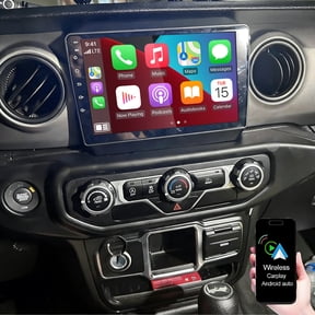Dexico 2+32G Radio for Jeep Wrangler JL 2018 2019 Android 15 Car Stereo 9" Touch Screen with Wireless CarPlay Android Auto Bluetooth WiFi Mirror Link GPS Navigation FM RDS Backup Camera