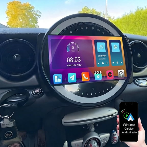 Dexico 2+64GB Android Car Radio for BMW Mini Cooper R56 2007-2014 with Wireless Carplay/Android Auto, 9 Inch HD Touchscreen Car Stereo with GPS WiFi Bluetooth FM/RDS EQ SWC Backup Camera