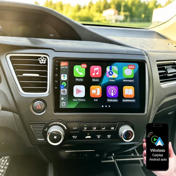 Dexico 2+64GB Car Radio Stereo for Honda Civic 2013-2017 with Wireless CarPlay Android Auto, 9" Touchscreen in-Dash Support GPS Navigation Bluetooth WiFi SWC MirrorLink Backup Camera