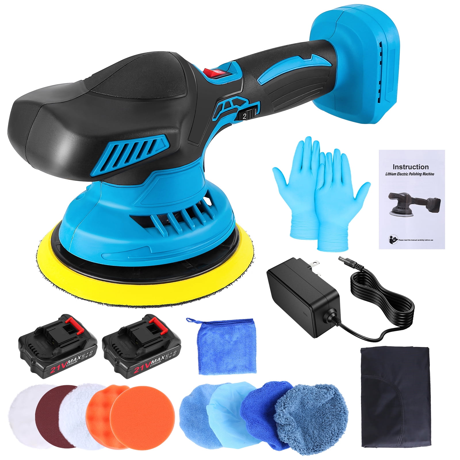 Dexico 21V Cordless Car Buffer Polisher Car Polishing Machine with Attachments 6 Speeds Cordless Polisher