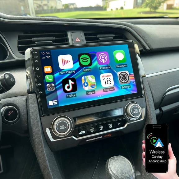 Dexico 2G+64G Android 15 Car Stereo for Honda Civic 2016-2021, 9 Inch Touch Screen with Wireless CarPlay Android Auto Mirror Link Bluetooth FM GPS WiFi FM SWC Backup Camera