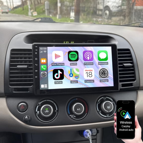 Dexico 4G+64G Android 15 Car Stereo Radio for Toyota Camry 2000-2006 Support Wireless CarPlay Android Auto, 9 Inch Touch Screen GPS Navigation Bluetooth Mirror Link FM/RDS SWC Backup Camera