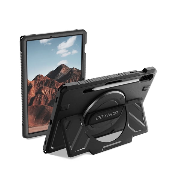 Dexnor Case for Samsung Galaxy Tab S9 FE+ Plus 2023 12.4 inch, Rugged Protective Case with 360° Rotating Hand Strap & Stand & Screen Protector & S Pen Holder Shockproof Full-Body Bumper Cover, Black