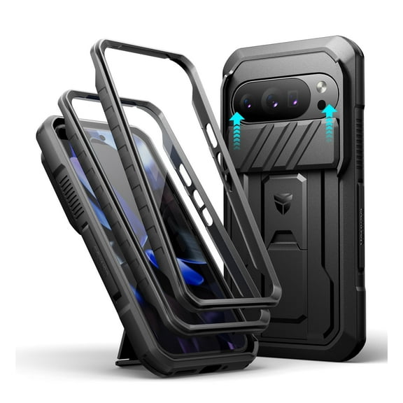 Dexnor for Google Pixel 10/10 Pro Case with Slide Camera Cover & 2 Front Frames & Built-in Screen Protector & Heavy-duty Kickstand, Full-body Shockproof Protective Cover Rugged Bumper Covers, Black