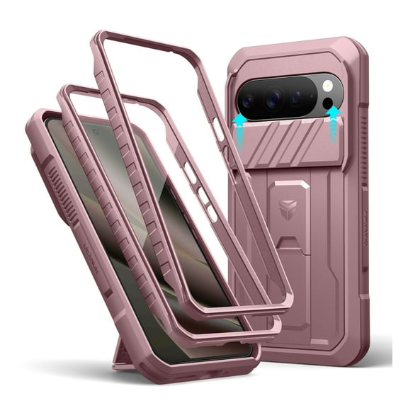 Dexnor for Google Pixel 11 Pro XL Case with Slide Camera Cover & 2 Front Frames & Built-in Screen Protector & Kickstand, Full-Body Shockproof Protective Cover Rugged Bumper Cases, Pink