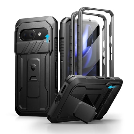 Dexnor for Google Pixel 9A Case with Slide Camera Cover & 2 Front Frames & Built-in Screen Protector & Heavy-duty Kickstand, Full-body Shockproof Protective Cover Rugged Bumper for Pixel 9A, Black