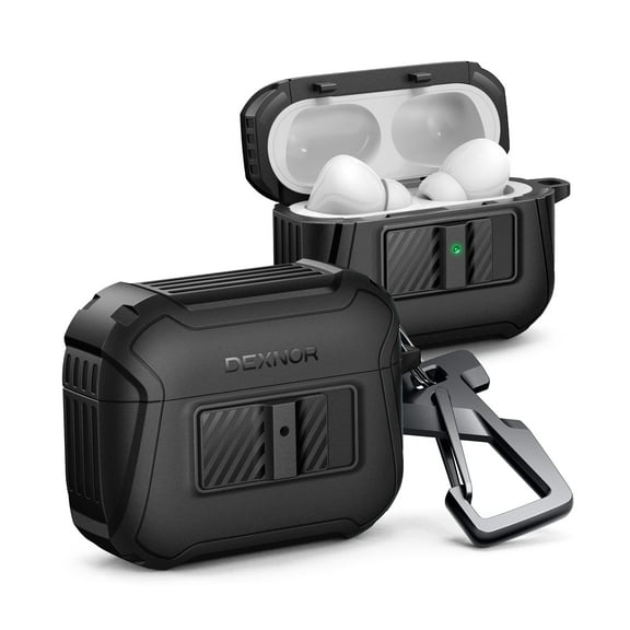 Dexnor Magnetic Case for AirPods Pro 2nd/1st Generation (2023/2022/2019), Compatible with MagSafe, Drop-Proof Lock Full-Body Shockproof Hard Protective Cover Rugged Bumper Cases with Carabiner,Black