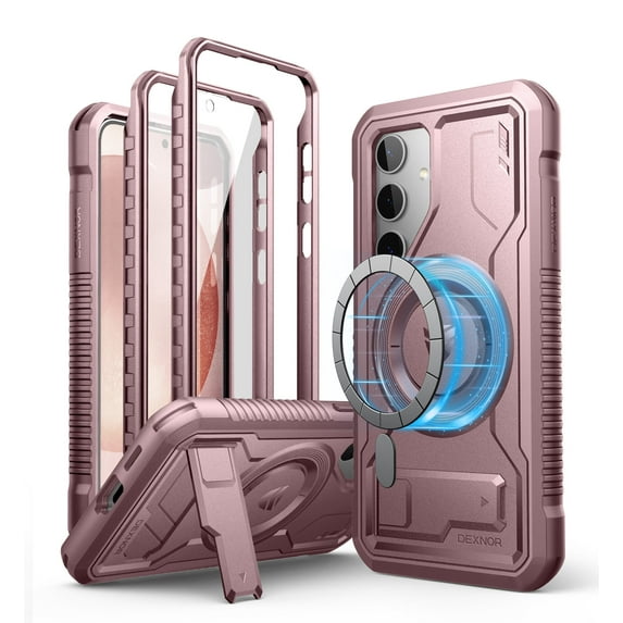 Dexnor Magnetic Case for Samsung Galaxy S24 Case with Kickstand & 2 Front Frames, Built-in Screen Protector, Compatible with Magsafe,Rugged Shockproof Full-body Protective Cover for Galaxy S24,Pink