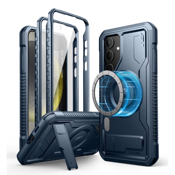 Dexnor Magnetic Case for Samsung Galaxy S24 Plus Case with Kickstand & 2 Front Frames & Built-in Screen Protector, Compatible with Magsafe, Bumper Rugged Shockproof Full-Body Protective Cover,Blue
