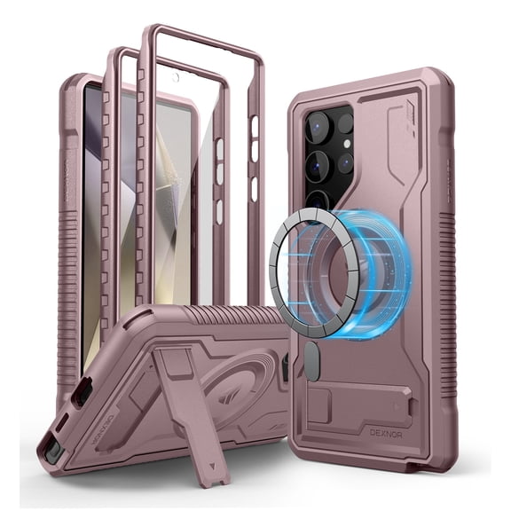 Dexnor Magnetic Case for Samsung Galaxy S24 Ultra Case, Compatible with Magsafe, 2 Front Frames & Built-in Screen Protector, Bumper Rugged Shockproof Full-Body Protective Cover with Kickstand,Pink