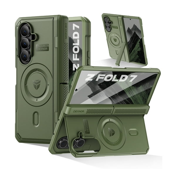 Dexnor Magnetic Case for Samsung Galaxy Z Fold 7 with Dual Kickstands & Front Screen Protector & Hinge Protection, Compatible with MagSafe, Full-body Rugged Protective Cover Bumper Cases,Green