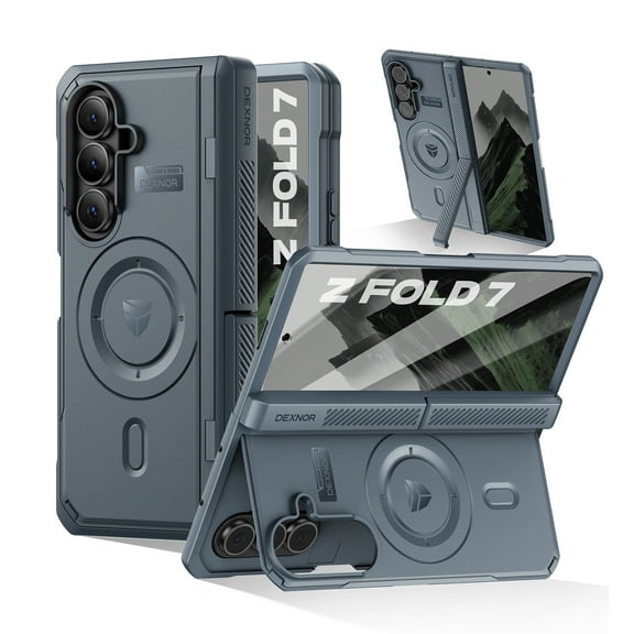 Dexnor Magnetic Case for Samsung Galaxy Z Fold 7 with Dual Kickstands & Front Screen Protector & Hinge Protection, Compatible with MagSafe, Full-body Rugged Protective Cover Bumper Cases,Blue