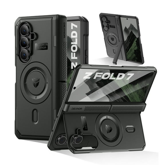 Dexnor Magnetic Case for Samsung Galaxy Z Fold 7 with Dual Kickstands & Front Screen Protector & Hinge Protection, Compatible with MagSafe, Full-body Rugged Protective Cover Bumper Cases,Black