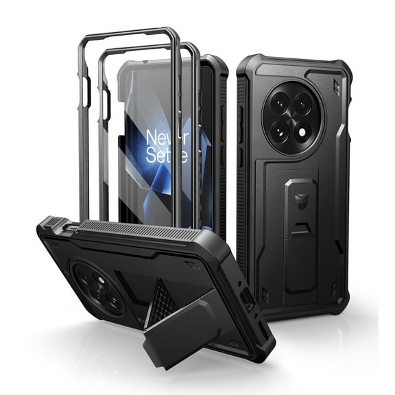 Dexnor for OnePlus 13 Case, [2 Front Frame] [Built-in Screen Protector & Kickstand] [Work with Fingerprint ID] Heavy Duty Military Grade Protection Shockproof Case for OnePlus 13 5G (2025), Black