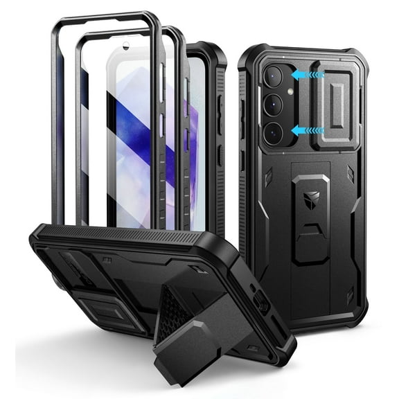 Dexnor for Samsung Galaxy A35 5G Case, [2 Front Frame] [Bulit-in Slide Camera Cover & Kickstand] Heavy Duty Military Grade Protection Shockproof Phone Case with Screen Protector, 6.6 inch Black