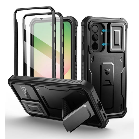 Dexnor for Samsung Galaxy A56 5G Phone Case, [2 Front Frame] [Bulit-in Slide Camera Cover & Kickstand] Heavy Duty Military Grade Protection Shockproof Case with Screen Protector, 6.7 inch Black