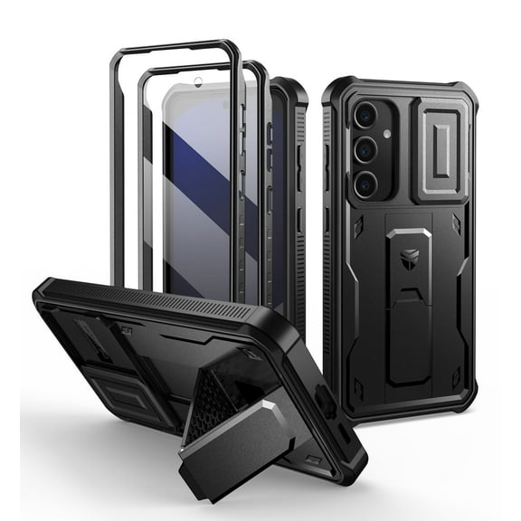 Dexnor for Samsung Galaxy S24 FE Case with Built-in Slide Camera Cover & Screen Protector & Kickstand,Heavy-Duty Shockproof Rugged Case Full-Body Bumper Protective Cover for Galaxy S24 FE 2024, Black