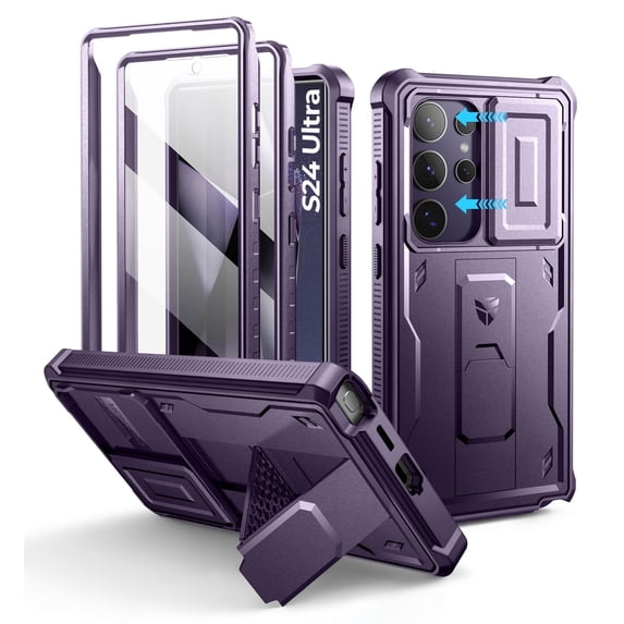 Dexnor for Samsung Galaxy S24 Ultra Case with Built-in Slide Camera Cover & Screen Protector & Kickstand, Shockproof Rugged Case Full-Body Bumper Protective Cover for Galaxy S24 Ultra 2024, Purple