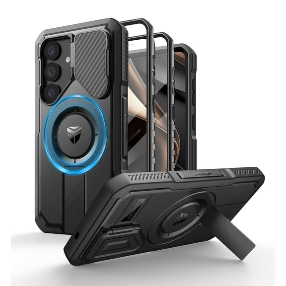 Dexnor for Samsung Galaxy S25 Case with Flip Camera Cover & Adjustable Kickstand & Built-in Screen Protector,Compatible with MagSafe Shockproof Bumper Heavy-Duty Magnetic Protective Cover,Black