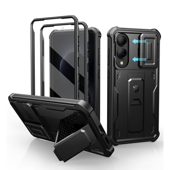 Dexnor for Samsung Galaxy S25 Edge Case with Upgraded Slide Camera Cover & 2 Front Frames & Built-in Screen Protector & Kickstand, Heavy-Duty Shockproof Rugged Case Full-Body Bumper Cover, Black