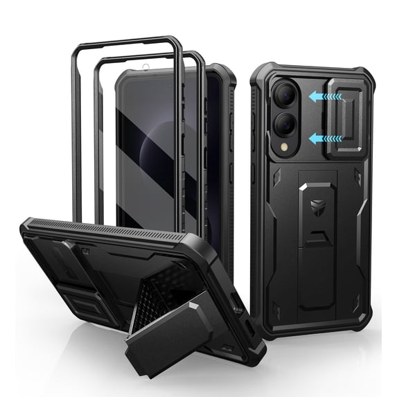 Dexnor for Samsung Galaxy S25 Edge Case with Upgraded Slide Camera Cover & 2 Front Frames & Built-in Screen Protector & Kickstand, Heavy-Duty Shockproof Rugged Case Full-Body Bumper Cover, Black
