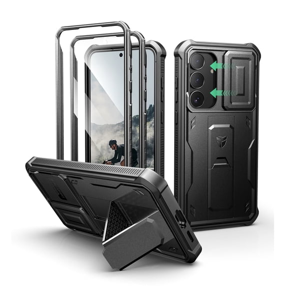 Dexnor for Samsung Galaxy S25 FE 2025 6.7" Case with Upgraded Slide Camera Cover & 2 Front Frames & Built-in Screen Protector & Kickstand, Heavy-Duty Rugged Case Full-Body Protective Cover,Black
