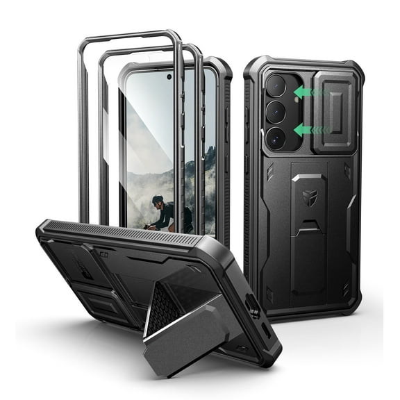 Dexnor for Samsung Galaxy S25 FE 2025 6.7" Case with Upgraded Slide Camera Cover & 2 Front Frames & Built-in Screen Protector & Kickstand, Heavy-Duty Rugged Case Full-Body Protective Cover,Black