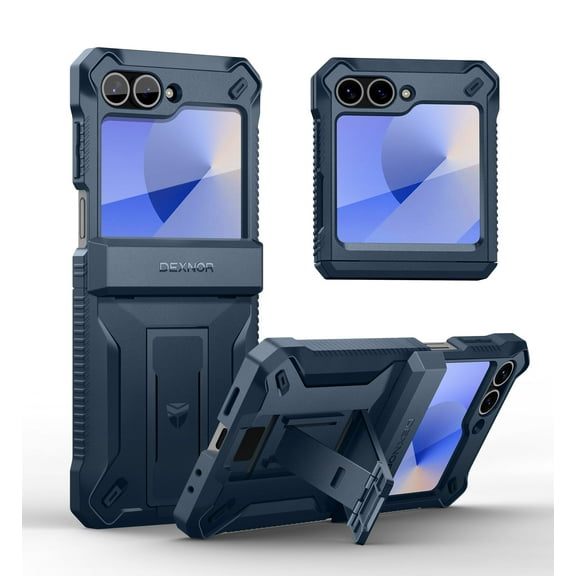 Dexnor for Samsung Galaxy Z Flip 6 Case with Stand & Hinge Protection & Front Screen Protector, Dual-Layer Rugged Bumper Case Shockproof Full-Body Protective Cover for Galaxy Z Flip 6 (2024),Blue