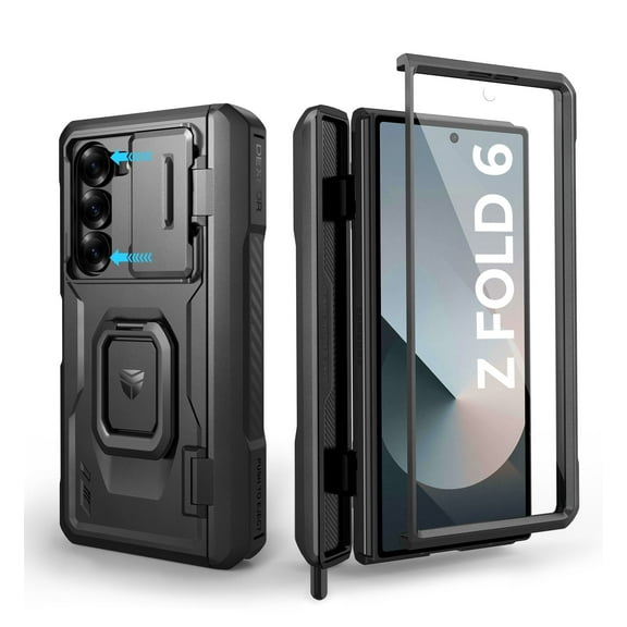 Dexnor for Samsung Galaxy Z Fold6 Case with Ring Stand & S Pen Holder & Slide Camera Cover & Hinge Protection & Screen Protector,Heavy Duty Bumper Rugged Case Cover for Z Fold 6(2024),Black