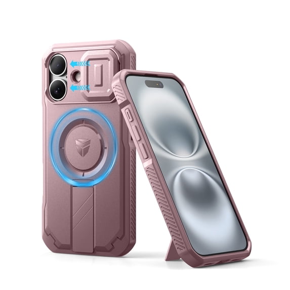 Dexnor Shielder Series for iPhone 16 Case with Slide Camera Cover & Adjustable Kickstand,Compatible with MagSafe Rugged Shockproof Bumper Cases Heavy-Duty Mangetic Protective Cover,Pink