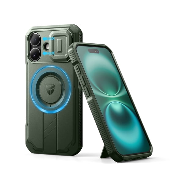 Dexnor Shielder Series for iPhone 16 Case with Slide Camera Cover & Adjustable Kickstand,Compatible with MagSafe Rugged Shockproof Bumper Cases Heavy-Duty Mangetic Protective Cover,Green