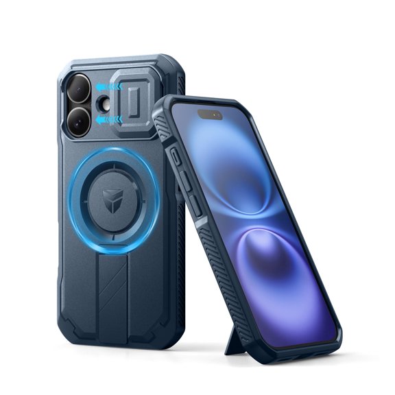 Dexnor Shielder Series for iPhone 16 Case with Slide Camera Cover & Adjustable Kickstand,Compatible with MagSafe Rugged Shockproof Bumper Cases Heavy-Duty Mangetic Protective Cover,Blue